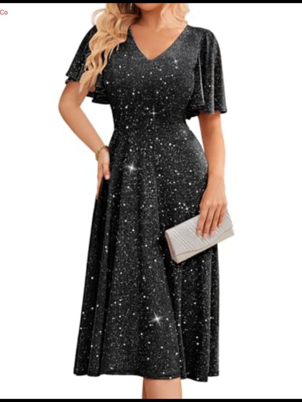 Women's Formal Wedding Guest Dress Sequin Tea Length A-Line Short Sleeve
